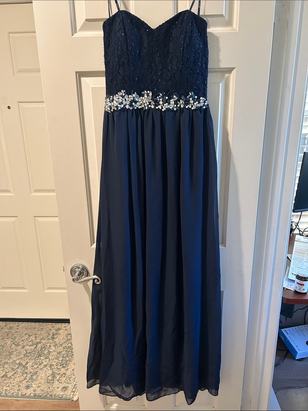 Strapless navy blue prom dress